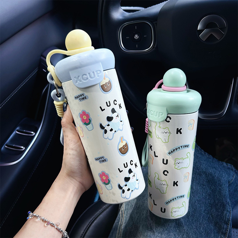 New cute cartoon animal floating cup 316 stainless steel insulated cup for students and children, portable with handle and straw