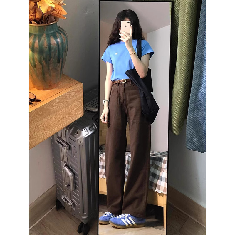 Maillard Coffee-Colored Straight-Leg Jeans for Women, New Spring Style, Plus-Size, High-Waisted, Slimming, Loose, Hip-Covering Wide-Leg Pants