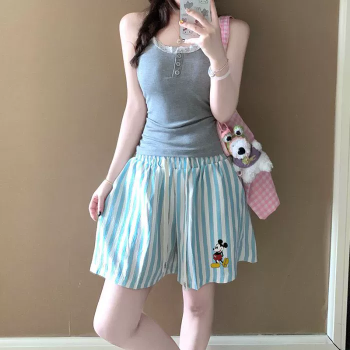 Женские пижамы из хлопкового облачного материала с двумя карманами, летние, с короткими шортами, мультяшный принт, для отдыха, кросс-граничная доставка 2025 года.