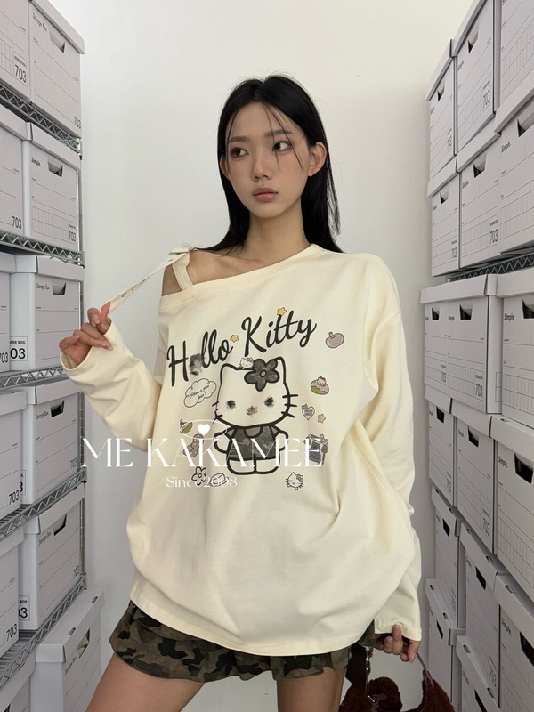 ME KAKAMEE十三行秋美式卡通KT可调节肩带斜肩宽松长袖T恤女S3608|undefined
