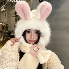 兔耳朵帽子秋冬季女围巾一体连帽围脖可爱加厚保暖毛绒二件套针织
