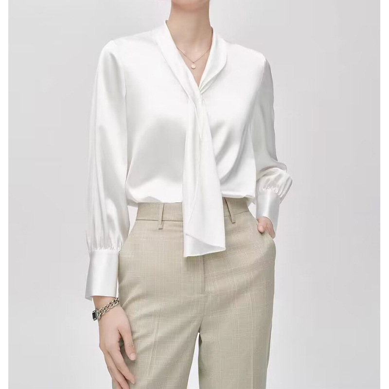 In-Stock Manufacturer Wholesale Solid Color 30mm Heavyweight 100% Silk Ribbon Long-Sleeve Top Women's Glossy Shirt