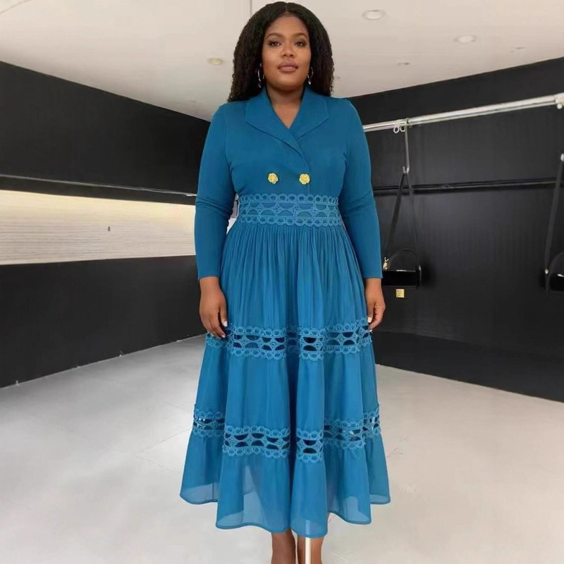 Cross-Border Hot-Selling Pleated Dress for Women, High-End Lantern Sleeves, Hollow Embroidery, Waist-Cinching Lace-Up Dress, Long Skirt Cross-Border Hot-Selling Pleated Dress for Women, High-End Lantern Sleeves, Hollow Embroidery, Waist-Cinching Lace-Up Dress, Long Skirt