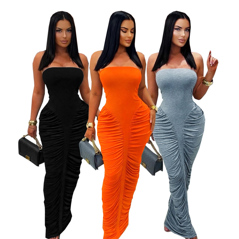 Tw853 Cross-Border Amazon European and American Women's Sexy Bodycon Long Dress with Ruched Bust, Solid Color, Fashionable Casual Dress Tw853 Cross-Border Amazon European and American Women's Sexy Bodycon Long Dress with Ruched Bust, Solid Color, Fashionable Casual Dress