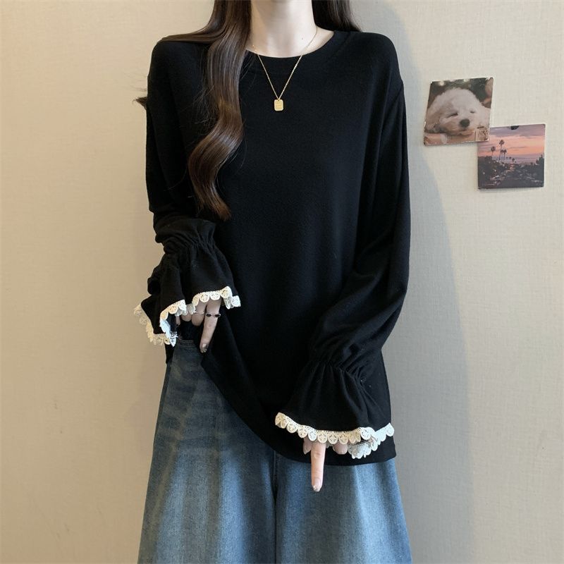 100kg Large Size Design T-Shirt with Lace Sleeves for Women, 2026 Spring and Autumn New Style, Loose and Slimming Long-Sleeved Base Shirt for Women 100kg Large Size Design T-Shirt with Lace Sleeves for Women, 2026 Spring and Autumn New Style, Loose and Slimming Long-Sleeved Base Shirt for Women