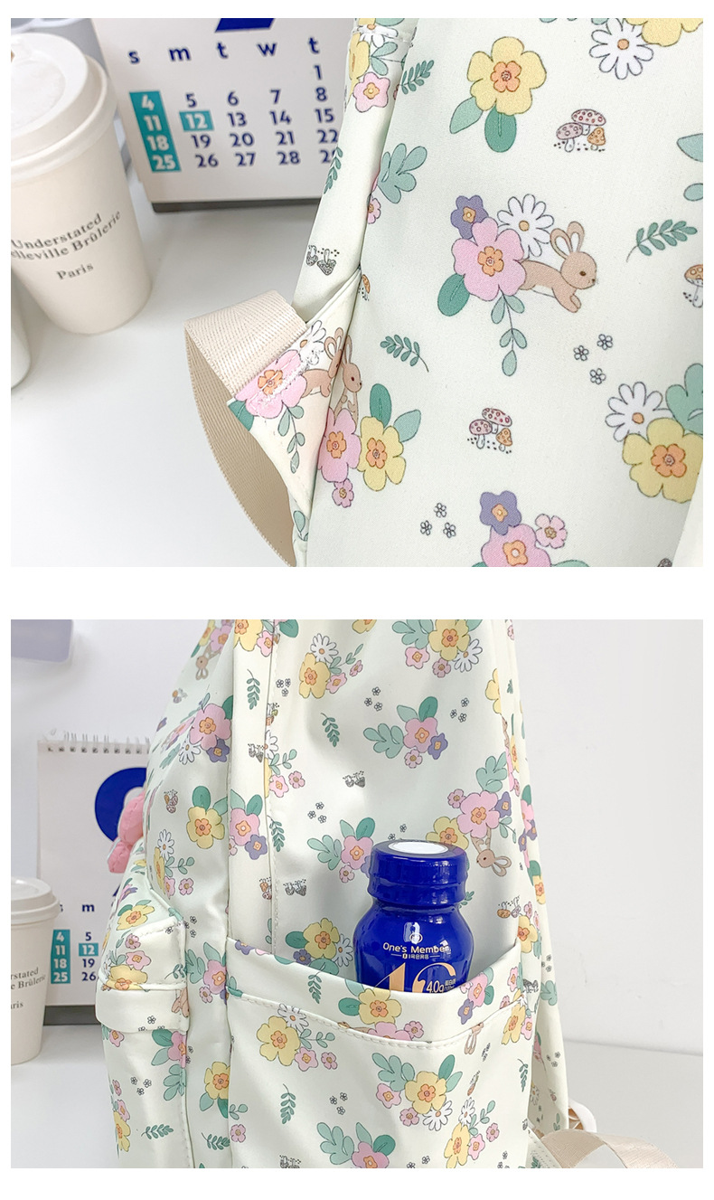 738g Weight Polyester Lining Material Sewing Thread Fashion Element Zipper Closure Type Double Shoulder Straps Strap Type Casual, School, Daily Occasion Nylon Material Waterproof Function Back To School Festival School Backpack Backpack Flower, Strawberry Pattern All Seasons Season Women's Gender Classic Style Style Square Shape Waterproof Flower Strawberry Casual School Daily School Backpack 27