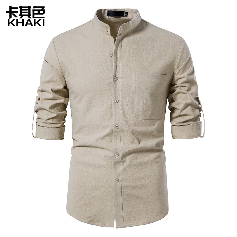 2022 Comercio exterior nuevo tamaño europeo hombres de manga larga camisa de lino botón playa yoga casual Camisa de verano A276