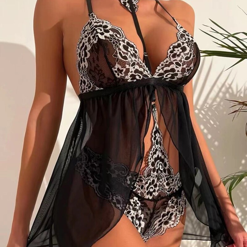 Hot European and American Cross-Border Sexy Lingerie Lace See-Through Halterneck Suspender Sexy Nightgown Sexy Slit Pajamas Set Hot European and American Cross-Border Sexy Lingerie Lace See-Through Halterneck Suspender Sexy Nightgown Sexy Slit Pajamas Set