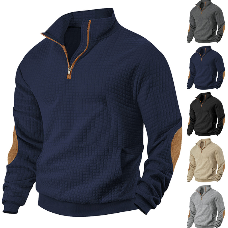 2025秋冬男士休闲卫衣新款亚马逊格子拉链开襟麂皮绒绣花提花卫衣