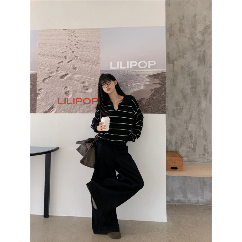 Real price black and white POLO collar pinstripe long sleeve sweater black casual slim wide leg pants Real price black and white POLO collar pinstripe long sleeve sweater black casual slim wide leg pants