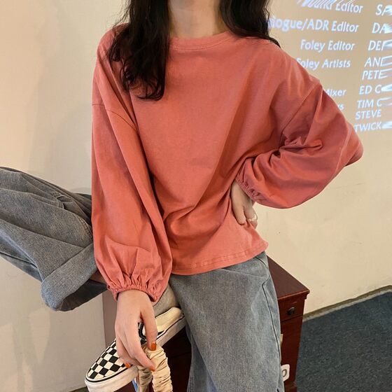Cross-border 2022 New Korean Style Loose ins College Style Lantern Sleeve Thin Long Sleeve T-shirt Women's Candy Color Top Trendy