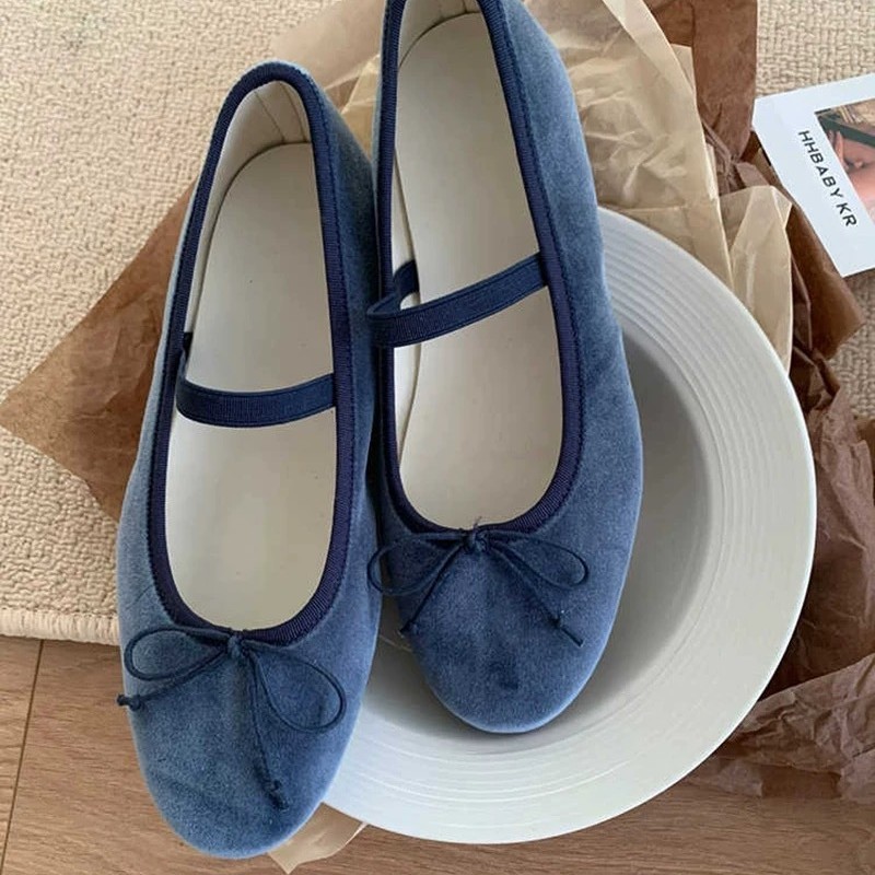 Sheepskin Version ~ Korean Velvet Bow Round Toe Flats Shallow Mouth One-Strap Mary Jane Ballet Shoes for Women
