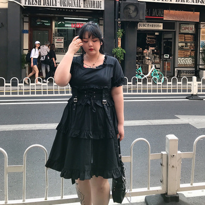大码夏设计感暗黑萝莉方领收腰绑带蛋糕裙连衣裙显瘦胖mm女200斤