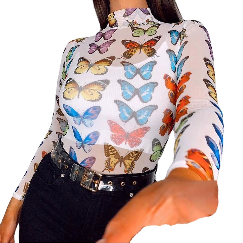 Европейская и американская трансграничная Внешняя торговля, Женская сетчатая полая футболка с принтом бабочки, укороченная футболка с длинными рукавами, нижняя рубашка для женщин