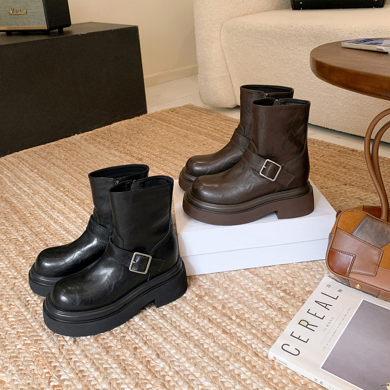 Women's Trendy Short Boots with Thick Soles, Motorcycle Boots for Women, Fashionable Versatile Autumn and Winter Boots with Belt Buckle and Chunky Heel, Martin Boots for Women