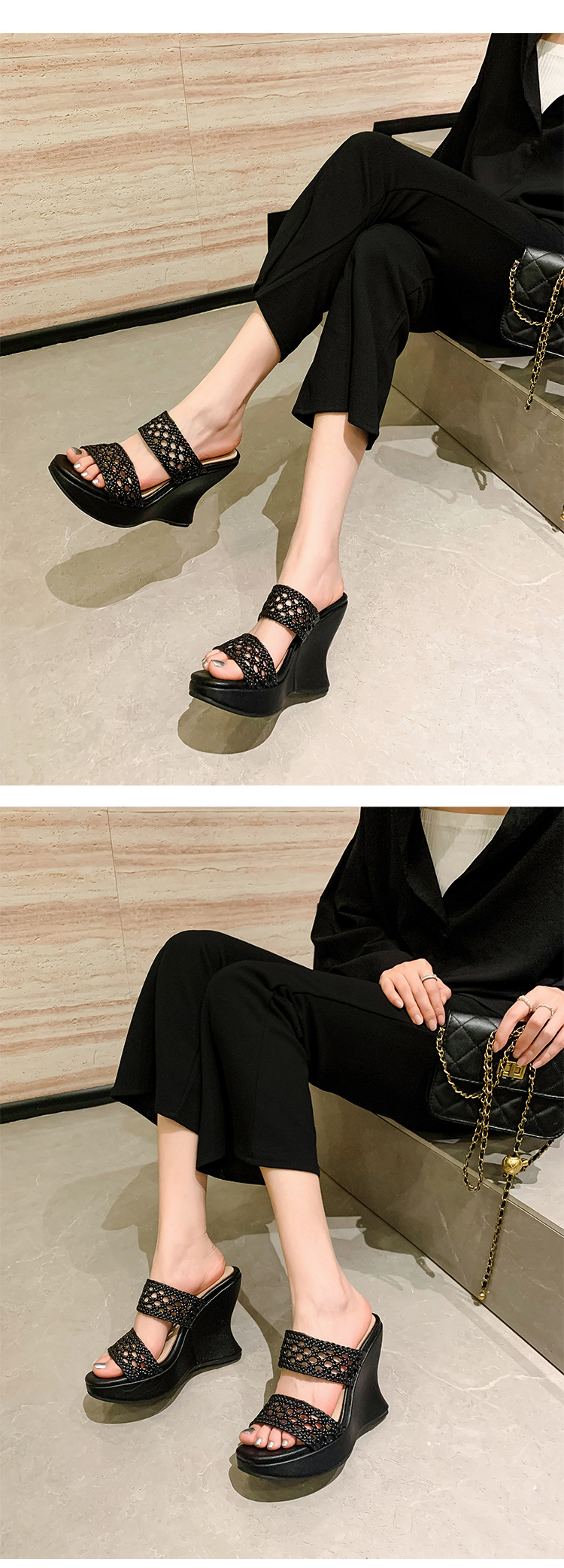 Dép lê đan phong cách Chanel đế xuồng cao gót 10cm cho nữ mùa hè — Màu đen, Màu trắng chi tiết 10