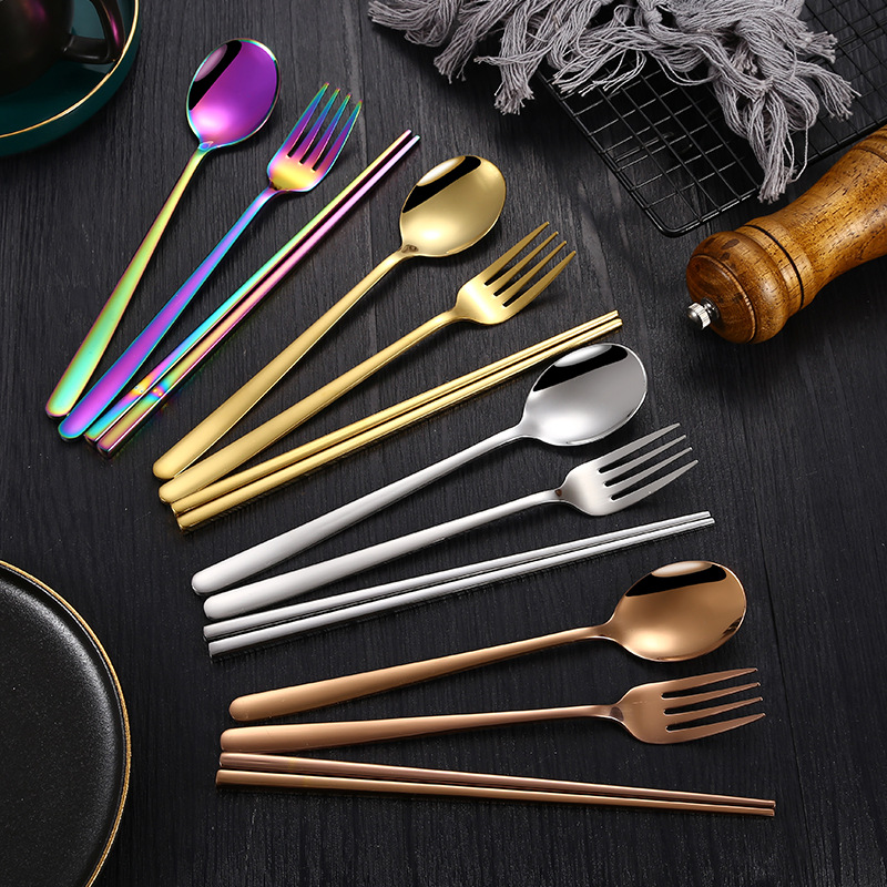 304 Creative Stainless Steel Korean Knife,Fork And Spoon Simple Gold-plated Spoon Fork Chopsticks Gift Tableware Set