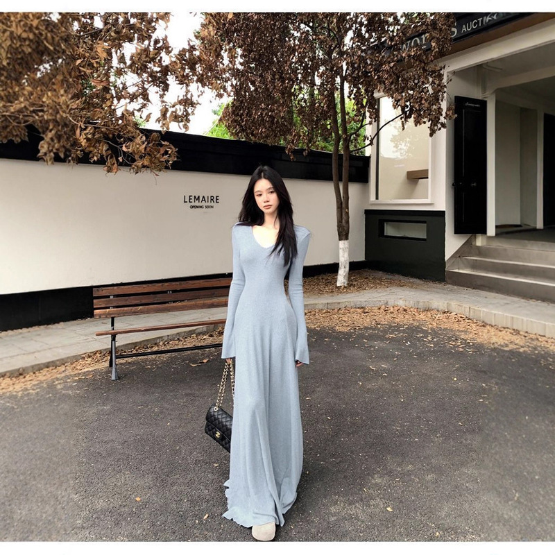 Autumn and Winter Long V-Neck Long-Sleeved Knitted Dress Women's Windbreaker with Hip-Hugging Long Skirt Korean Style Autumn and Winter Wear