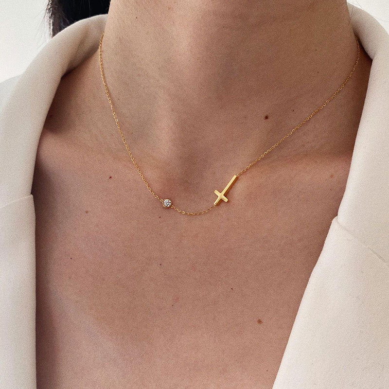 Holiday, Daily Occasion 304 Stainless Steel Zircon Cross Cable Chain Pendant Necklace