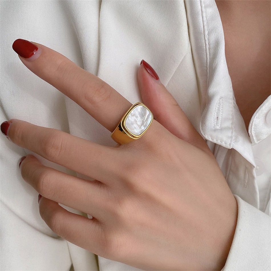 Fashion Geometric Stainless Steel Rings Metal Inlaid Shell Shell Stainless Steel Rings