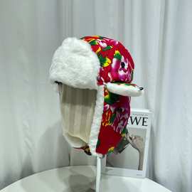 复古名族风东北大花布雷锋帽子男女冬季加厚保暖护耳帽亲子滑雪帽