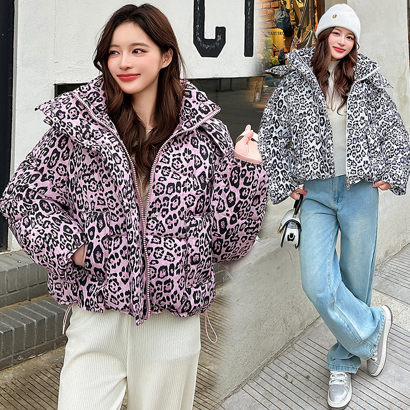 K New Leopard-print Fashion Cotton Coat For Women, Thickened Short Version With Stand-up Collar Jacket._voghion.com