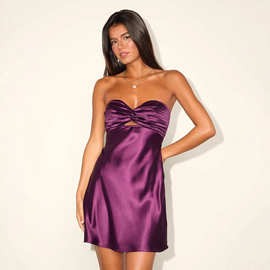 性感欧美风跨境新款女装缎面晚礼服修身裹胸连衣裙约会美式浪漫