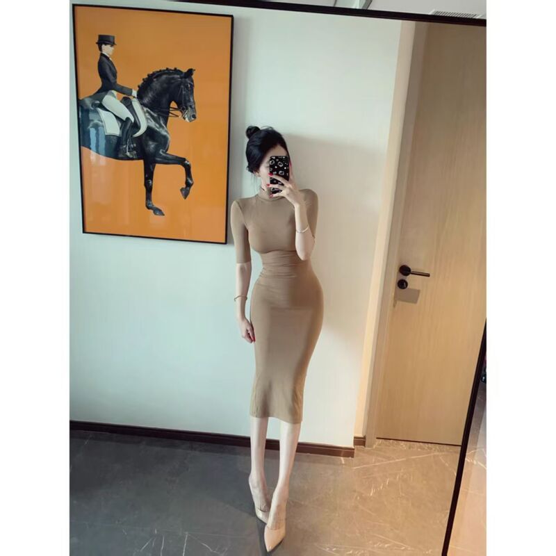 New Summer Style Pure Desire Half-High Collar Mid-Sleeve Back-Slit Bodycon Dress for Women, Slim Fit Mid-Length Dress for Spring and Summer New Summer Style Pure Desire Half-High Collar Mid-Sleeve Back-Slit Bodycon Dress for Women, Slim Fit Mid-Length Dress for Spring and Summer