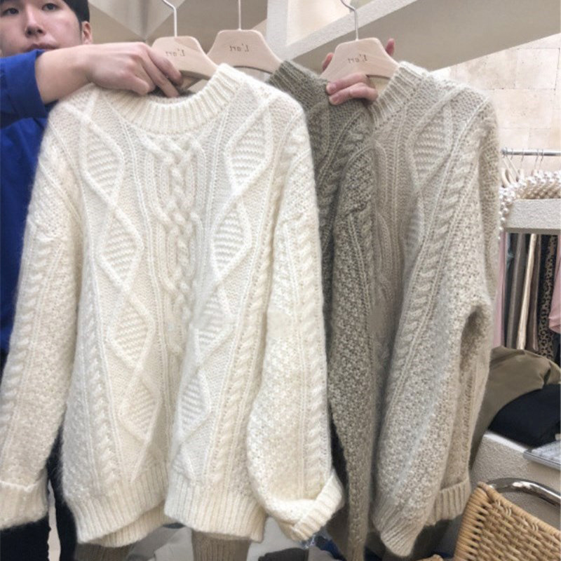 White Korean New Style Retro Pullover Knitted Top Jacket Thickeneded Lazy Style Sweater for Women Autumn and Winter Loose Outer Wear