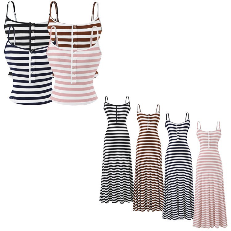 Korean-Style Women's Lazy Striped V-Neck Camisole Dress, Relaxed Korean-Style Comfortable Summer Waist-Cinching Tank Top Long Dress