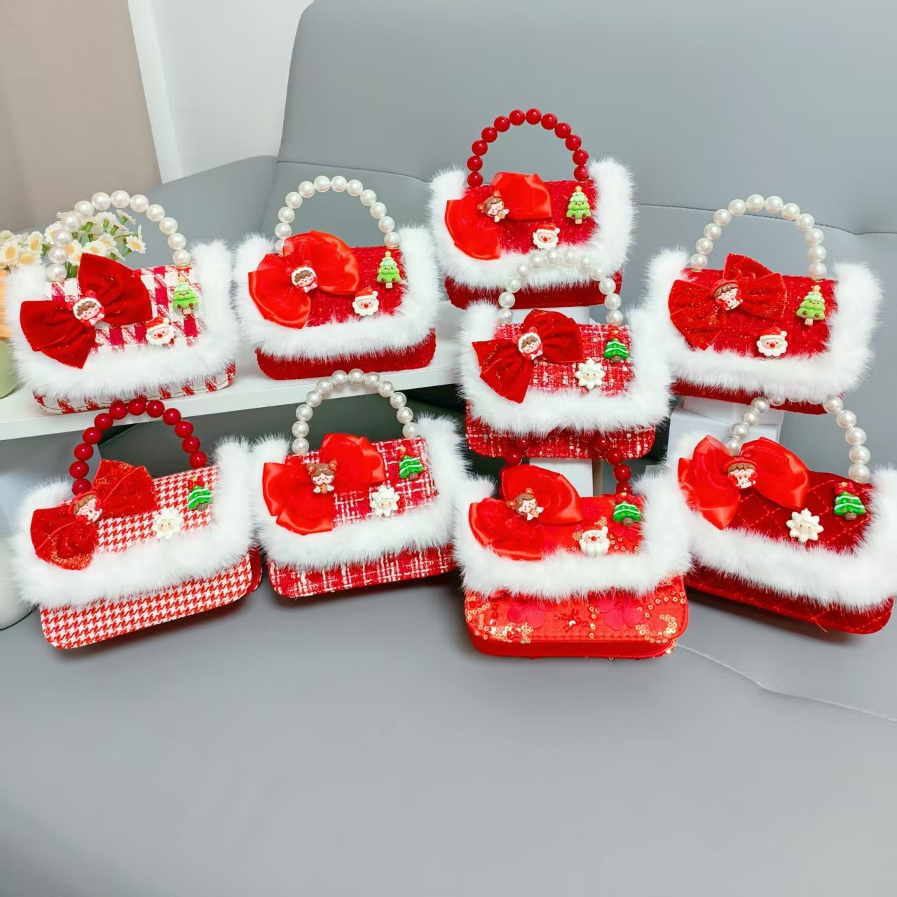 Cartera de Año Nuevo rojo arco de papá Noel bolso de perla pequeña cadena de viento fragante bolso de hombro