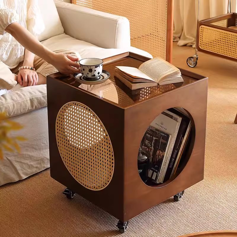 Retro-Style Living Room Movable Tea Side Table Sofa Trolley Bedside Table Solid Wood Rattan Small Table Storage Rack Set