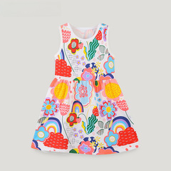 European and American-style kids' dress | Knitted cotton summer new arrival | Girls' dress with vest detail | Round-neck design | Cartoon-printed princess gown
