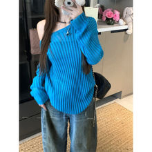 慵懒气质坑条微透视毛衣女夏季斜领露肩宽松显瘦镂空长袖上衣新款