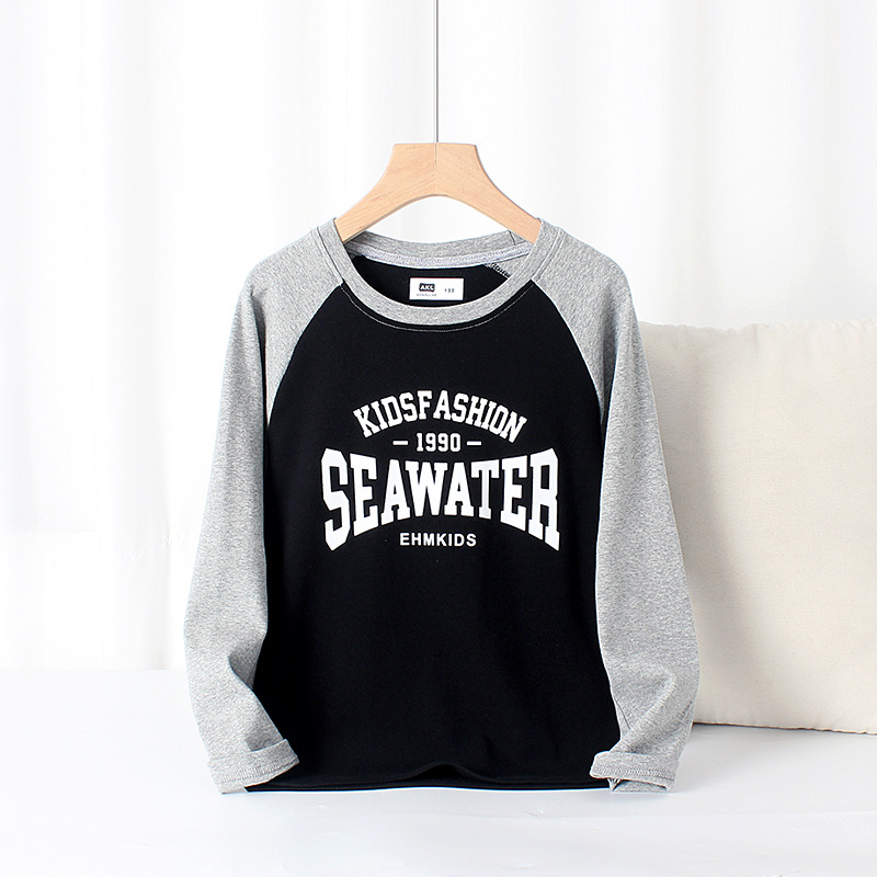 Camiseta de manga larga para niños estilo coreano de primavera y otoño, top de algodón y cachemira raglán para niños medianos y grandes, estilo Little Elephant Ham para niños.
