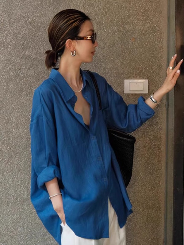 High-End Tencel Linen Sun-Protective Long-Sleeve Shirt, Relaxed and Versatile Cardigan Jacket, Thin Loose Blue Shirt High-End Tencel Linen Sun-Protective Long-Sleeve Shirt, Relaxed and Versatile Cardigan Jacket, Thin Loose Blue Shirt