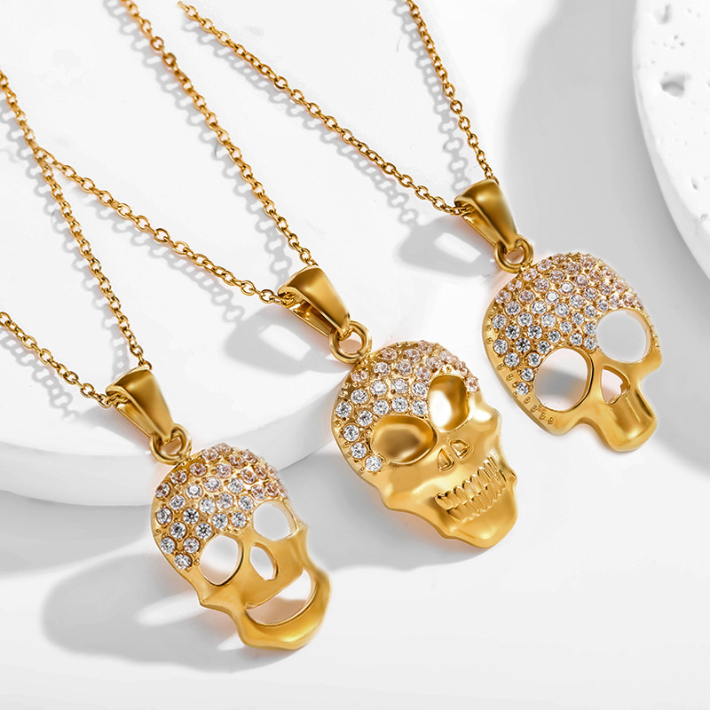 Real Gold Plated Plating Material Titanium Steel Pendant Material Wholesale Jewelry Funny Cool Style Skull Titanium Steel Zircon 18K Gold Plated Inlay Pendant Necklace