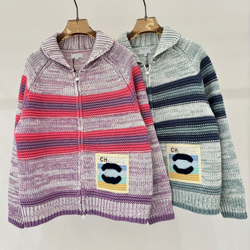 High-End Small Fragrance Style Contrasting Stripesd Knitted Cardigan Purple Pink Light Blue Two-Color Smiley Face Logo Jacket Zipper Stand Collar Top
