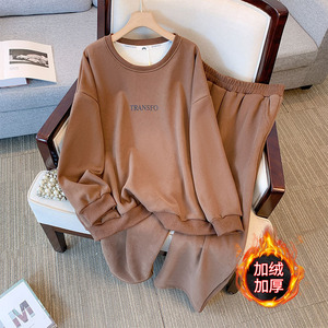 变形策 胖mm秋冬大码运动休闲套装卫衣+休闲裤加绒加厚时尚潮牌，女装运动套装，变形策服饰