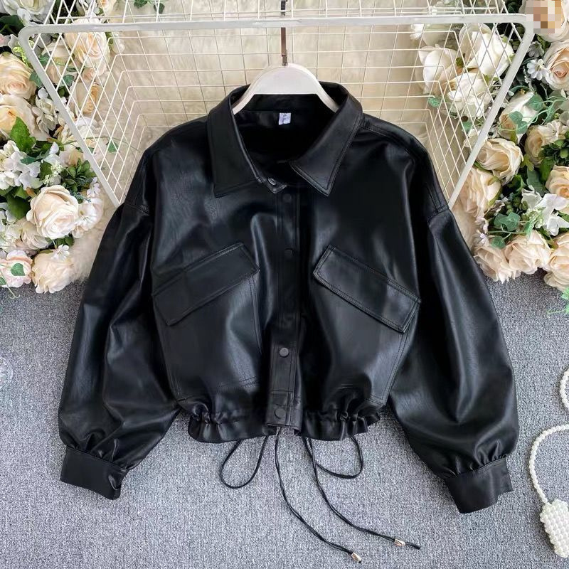 New Korean Retro Bf Style Loose Leather Jacket for Women 2025 Spring and Autumn Large Pocket Slim Short Motorcycle Jacket