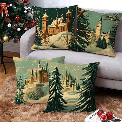 Y2JIT代发亚马逊跨境亚麻抱枕靠枕套4-Pack Winter Castle & Pine