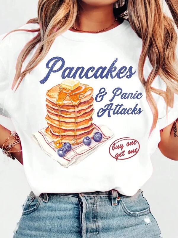 Cross-Border European-Style Retro and Fun Graphic T-Shirt with "Pancakes and Panic Attacks" Mental Health Design, Round Neck T-Shirt