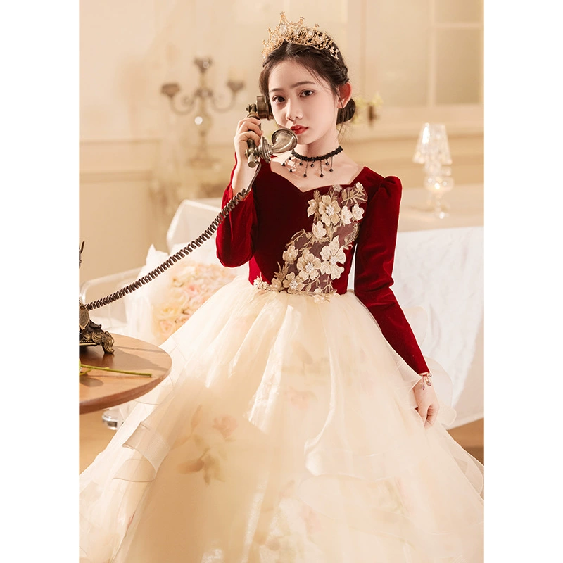Elegant elite dress, velvet red piano, small princess costume, Birthday gift