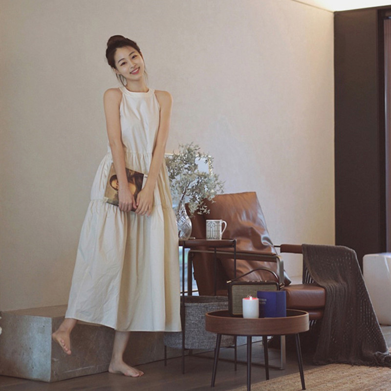 Beach Dress Seaside Vacation First Love Salt Long Small Chanel Style Elegant White Neck Strap Dress for Women