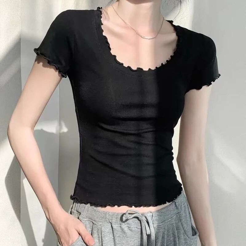 Yellow Ruffled Edge Short-Sleeve T-Shirt for Women, 2026 Summer New Style, High-End Slim Fit, Flattering and Very Attractive Top
