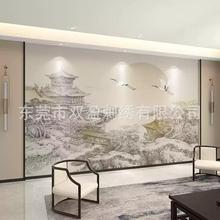国风中式现代简约硬包山水免洗精雕皮雕灯光墙面艺术木雕背景墙