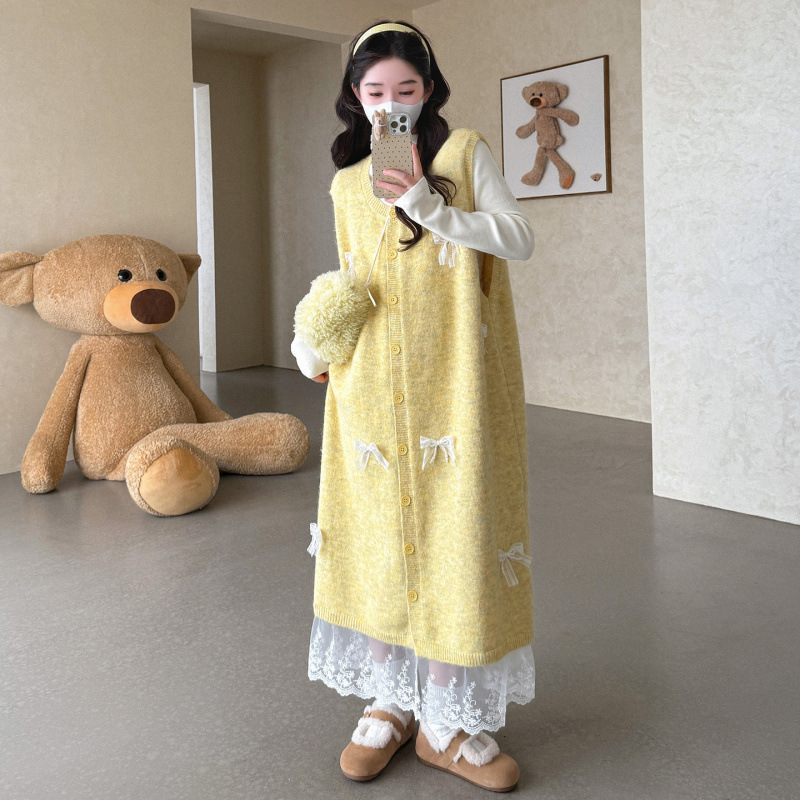 孕妇装秋冬套装新品减龄半高领上衣+韩版拼接蕾丝马甲裙两件套女|undefined
