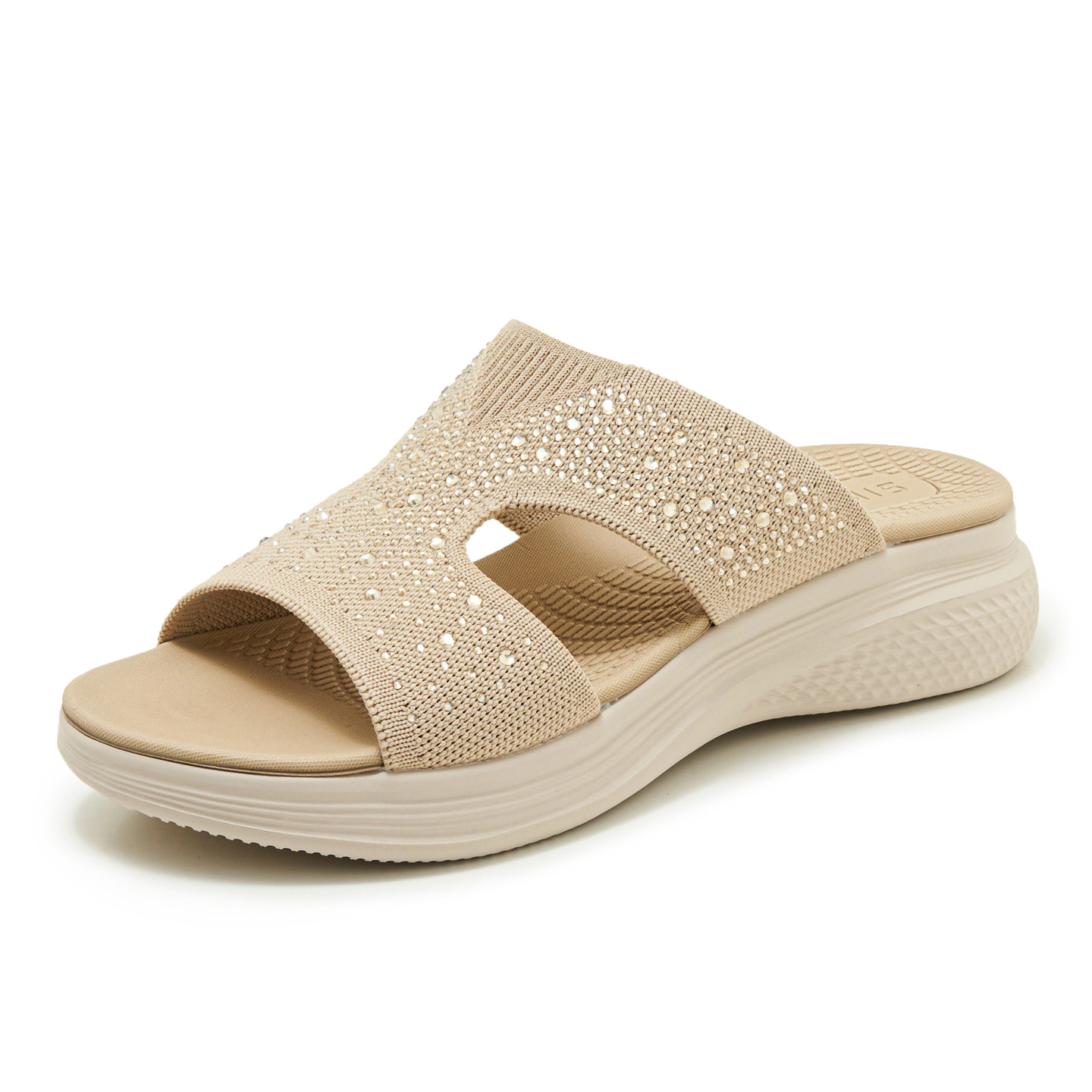 Sandal cao gót nữ đế xuồng phối đá pha lê, mũi hở, quai dệt kim thoáng mát — màu đen, màu hồng, màu mơ