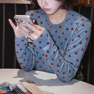 复古雾霾蓝撞色波点打底衫女圆领长袖叠穿内搭薄款防晒罩衫上衣秋