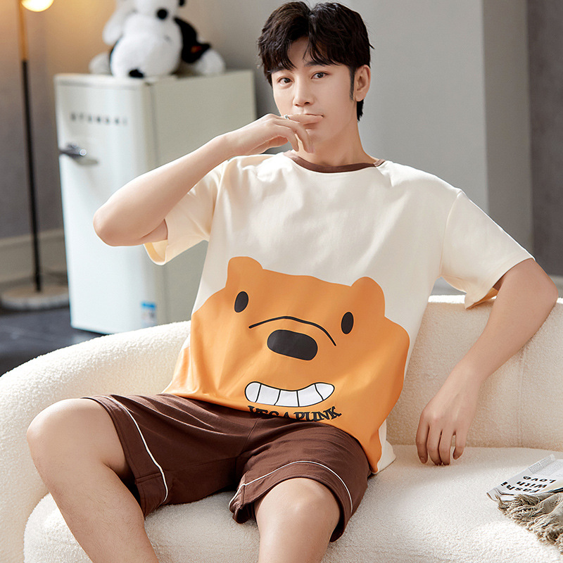 남성용 여름 반팔 반바지 면 소재 잠옷, 외출복으로도 활용 가능한 캐주얼 홈웨어 세트, 통기성 좋고 편안함, 해외 직배송